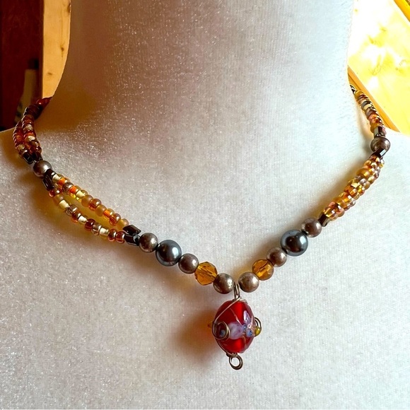 Boho Beaded Necklace Beads Multi color silver orange red - Picture 1 of 8